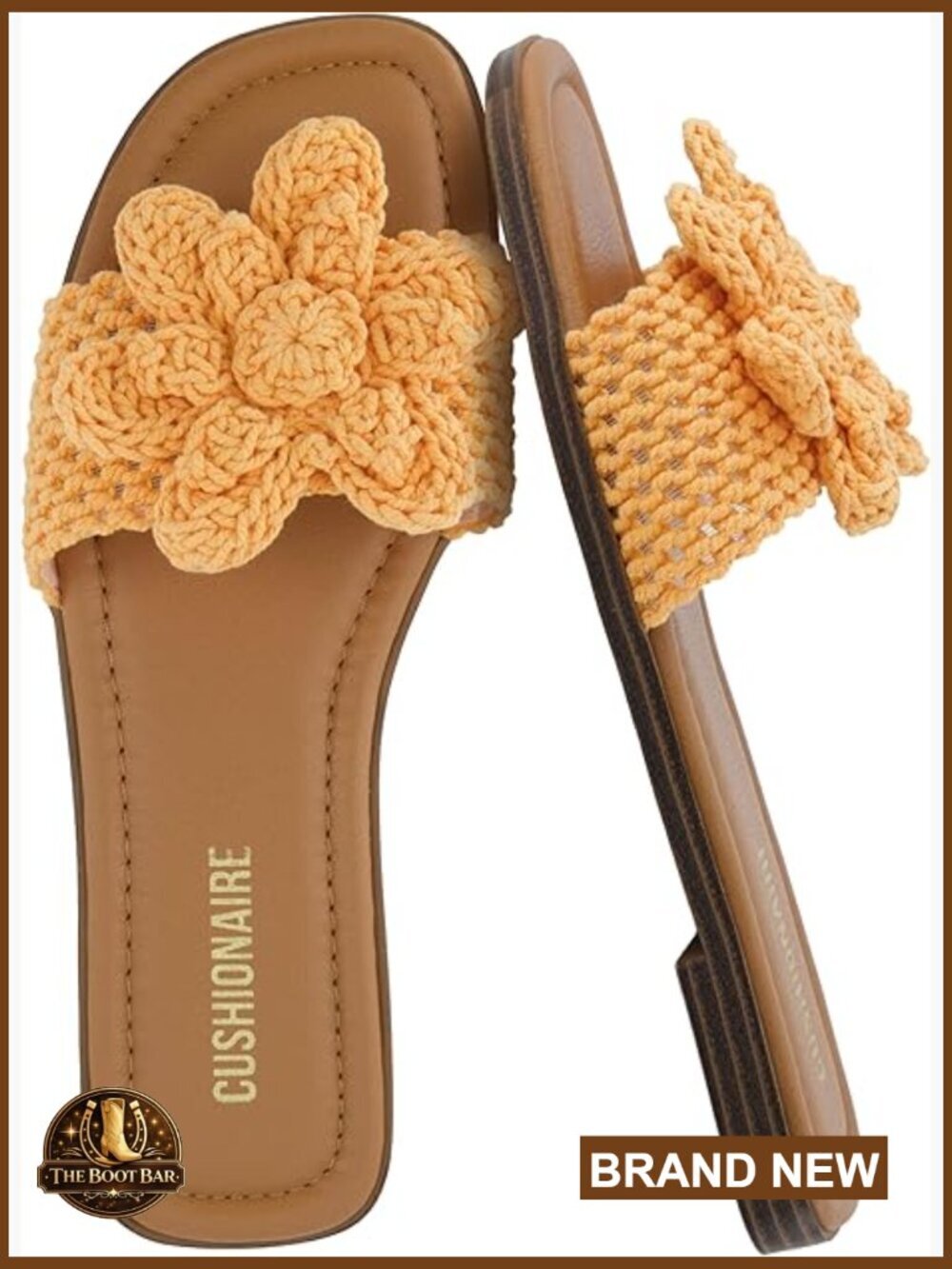 Women's Knit Square Toe Slide Sandals with Woven Flower Detail Memory Foam